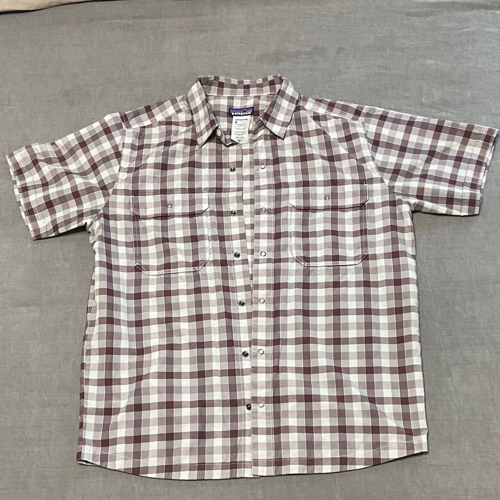 Patagonia Maroon and White Plaid Snap front quick dry Shirt